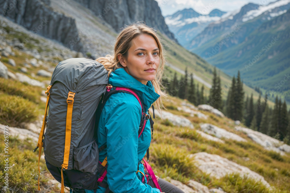 A woman walks along a mountain path with a large backpack against the backdrop of mountains. Tourism and travel concept