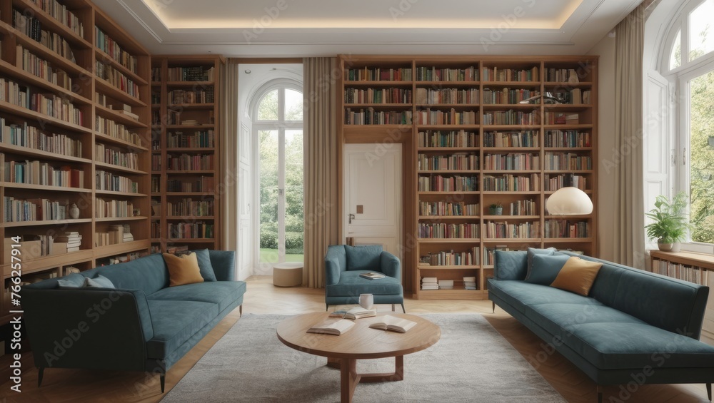3D rendering of a library with bookshelves and sofas