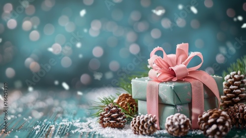 Pink Ribbon-Wrapped Present With Pine Cones