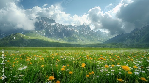 Field of Flowers With Mountains in Background