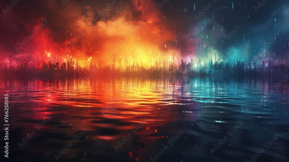 A Colorful Nostalgic feeling, house music, sound waves water background