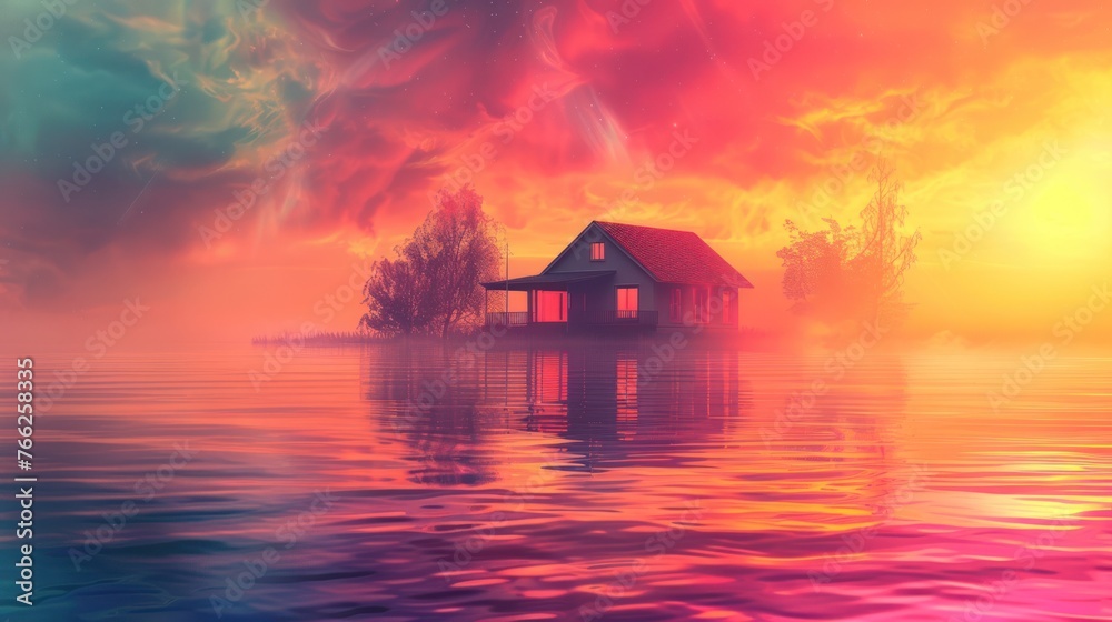 A dreamy little house on a small island in the middle of a lake under pink skies and clouds. A dreamy little house on a small island in the middle of a lake under pink skies and clouds.