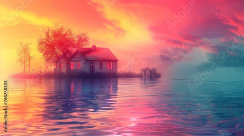 A dreamy little house on a small island in the middle of a lake under pink skies and clouds.