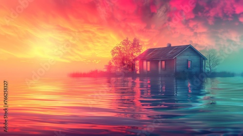 A dreamy little house on a small island in the middle of a lake under pink skies and clouds. © Attasit