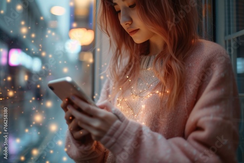 Young woman using smartphone standing in front of window with lights in cozy room at night