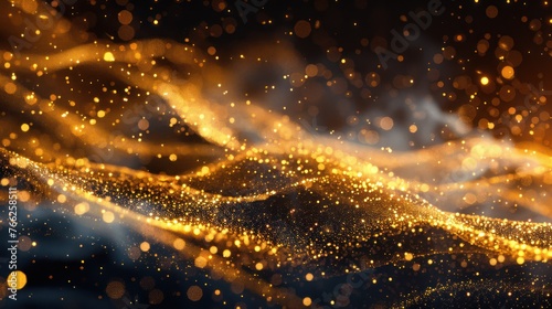A Golden wave motion of particles of gold stars on a black background