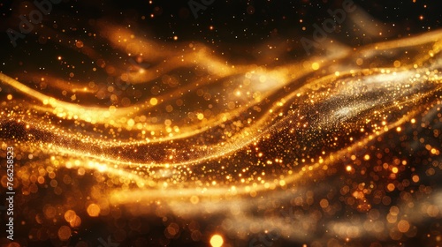 A Golden wave motion of particles of gold stars on a black background