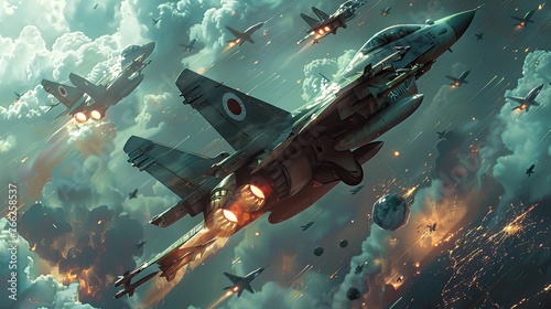 Dynamic Aerial Combat with Explosive Aerial Bombardment and Powerful Military Fighter Jets in the Cloudy Sky