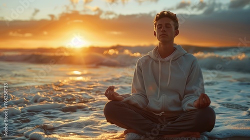 A Young man with closed eyes practicing yoga sit meditating in lotus pose at the beach at sunset time photo
