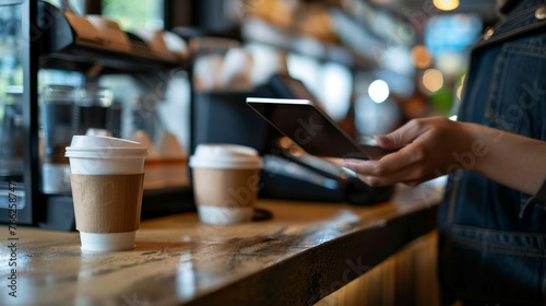Customer In Coffee Shop Paying Using Digital Tablet Reader 