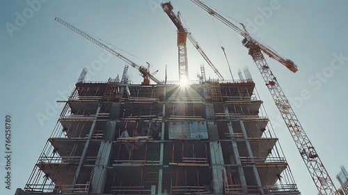 Building towering with cranes and prefabricated sections structure