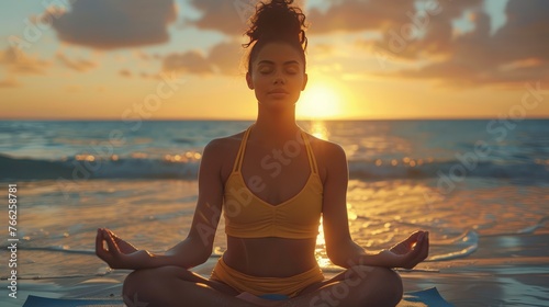 A Young woman with closed eyes practicing yoga meditating in lotus pose at the beach in sunset