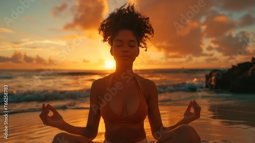 A Young woman with closed eyes practicing yoga meditating in lotus pose at the beach in sunset