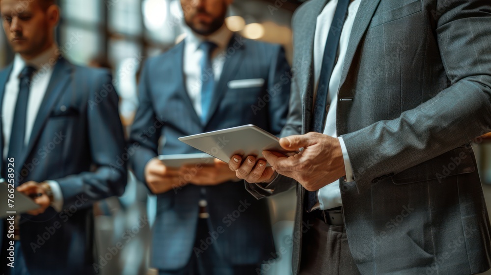 Obraz premium Photo of Business people in sharp suits with tablet