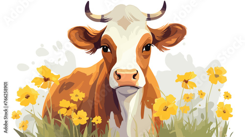 Adorable Cow Among White Yellow Flowers Flat vector