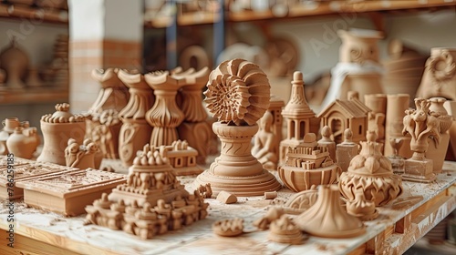 Artisanal Ceramic Figurines and Pottery Displayed in a Creative Workshop Setting