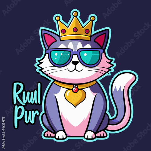 Tshirt ticker design of a grumpy cat wearing sunglasses and a crown, with the words "Royal Purr-snickety" to add a humorous touch to any outfit.