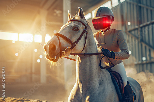 An equestrian event where riders use augmented reality helmets, showing vital stats processed by CPUs, to navigate courses designed with input from semiconductor-enhanced systems © weerasak