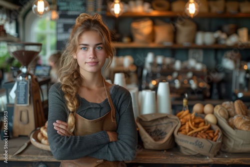 Happy female business owner behind the counter of a Coffee shop with crossed arms