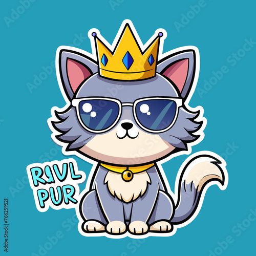 Tshirt ticker design of a grumpy cat wearing sunglasses and a crown, with the words "Royal Purr-snickety" to add a humorous touch to any outfit.