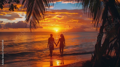 Two People Walking on Beach at Sunset