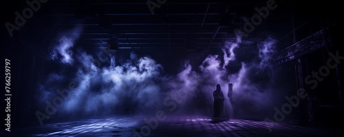 Smoky black pink purple Light Shapes in the Dark,on the empty stage 