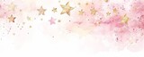Background with watercolor paint splashes in pink color and golden stars.