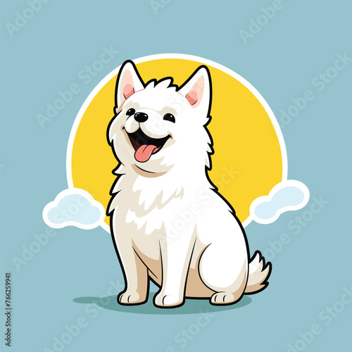 Cartoon illustration of a white fluffy dog sitting with a halo