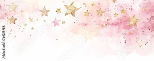 Background with watercolor paint splashes in pink color and golden stars.