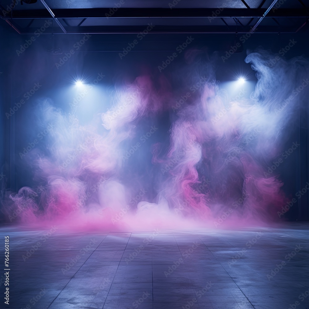 Smoky blue pink purple Light Shapes in the Dark,on the empty stage