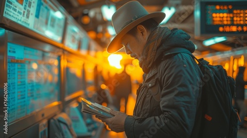 Man in hat looking at phone in front of train station, waiting for arrival, transportation and technology concept