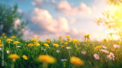 Beautiful meadow field with fresh grass and yellow flowers in nature against a blurry blue sky with clouds. Summer spring perfect natural landscape, generative ai  © OP38Studio
