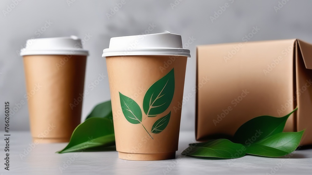 Fototapeta premium Two paper cups with lids on a table with green leaves. Ecology theme. Eco-friendly dishes.