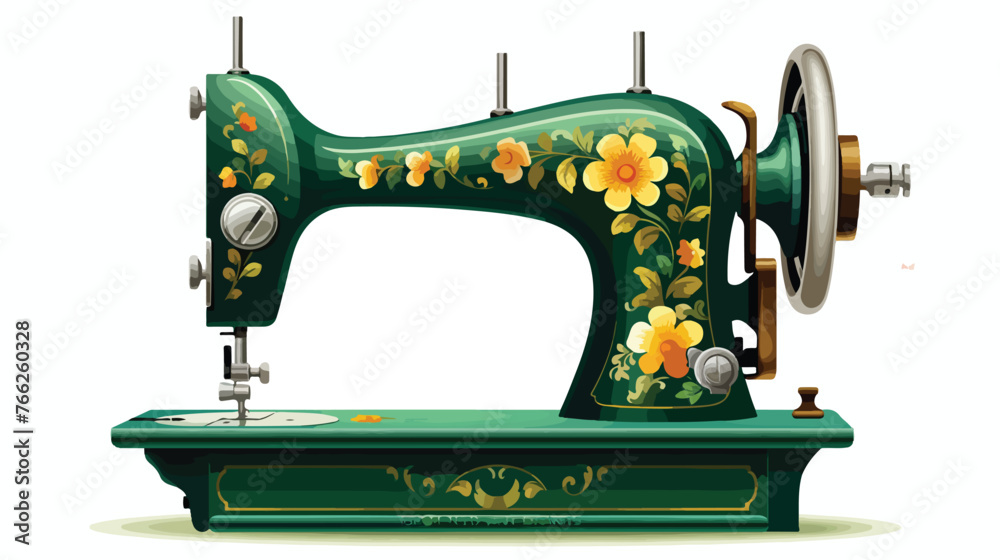 Antique Green Floral Sewing Machine Flat vector isolated
