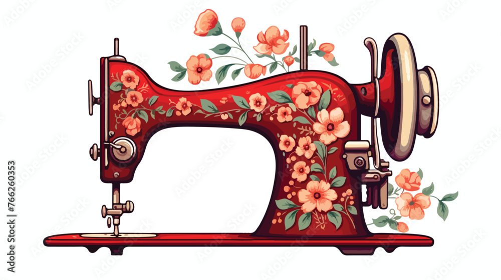 Antique Red Floral Sewing Machine Flat vector isolated