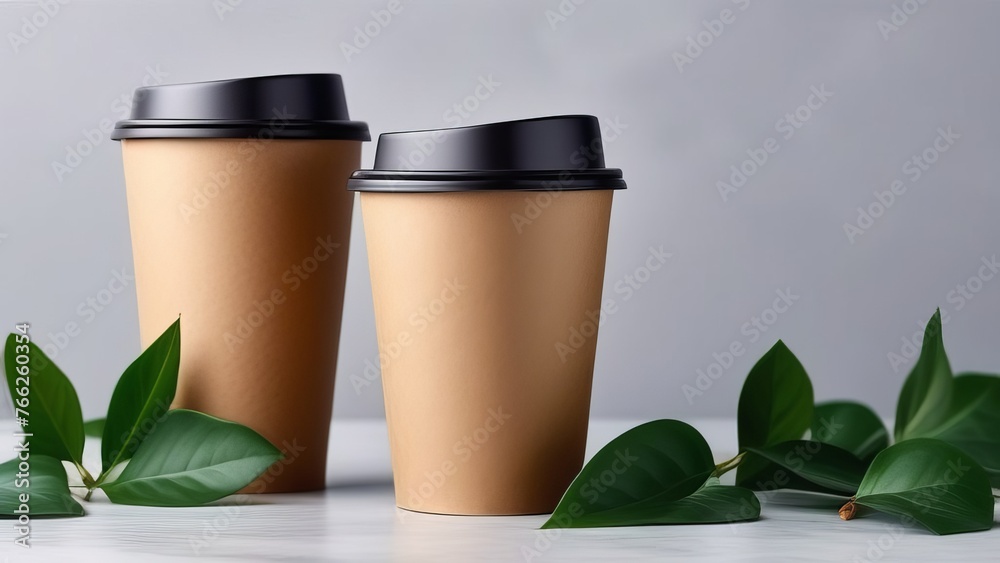 Two paper cups with lids on a table with green leaves. Ecology theme. Eco-friendly dishes. Two paper cups with lids on a table with green leaves. Ecology theme. Eco-friendly dishes.
