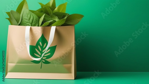 A brown craft bag with a green leaf on it. The bag is made of paper and has a green leaves. Ecology theme. Eco-friendly dishes.