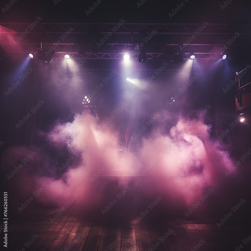 Smoky burgundy pink purple Light Shapes in the Dark,on the empty stage