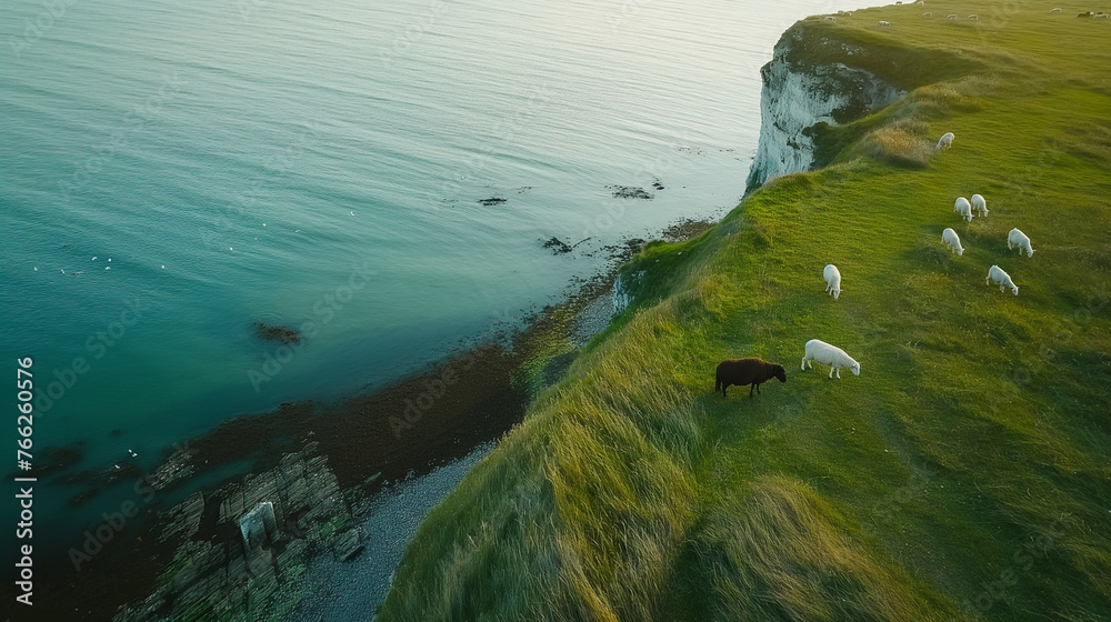 Sheep grazing at the Seven sisters cliffs, East Sussex, England.