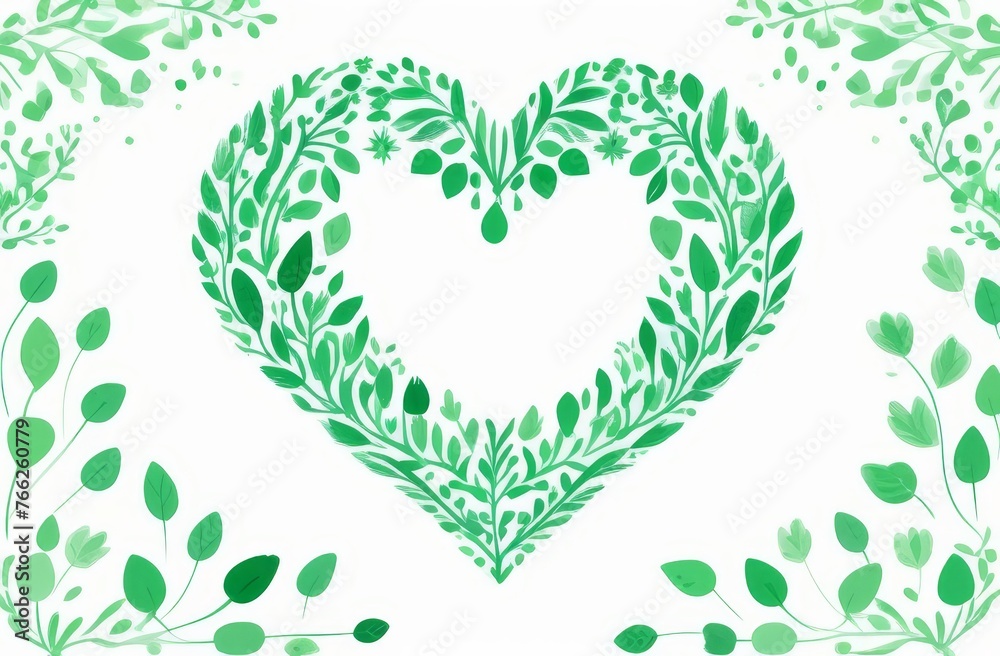 A heart made of leaves and flowers. The heart is green and white. The leaves and flowers are arranged in a way that makes it look like a heart. Ecology theme. Eco-friendly dishes. A heart made of leaves and flowers. The heart is green and white. The leaves and flowers are arranged in a way that makes it look like a heart. Ecology theme. Eco-friendly dishes.