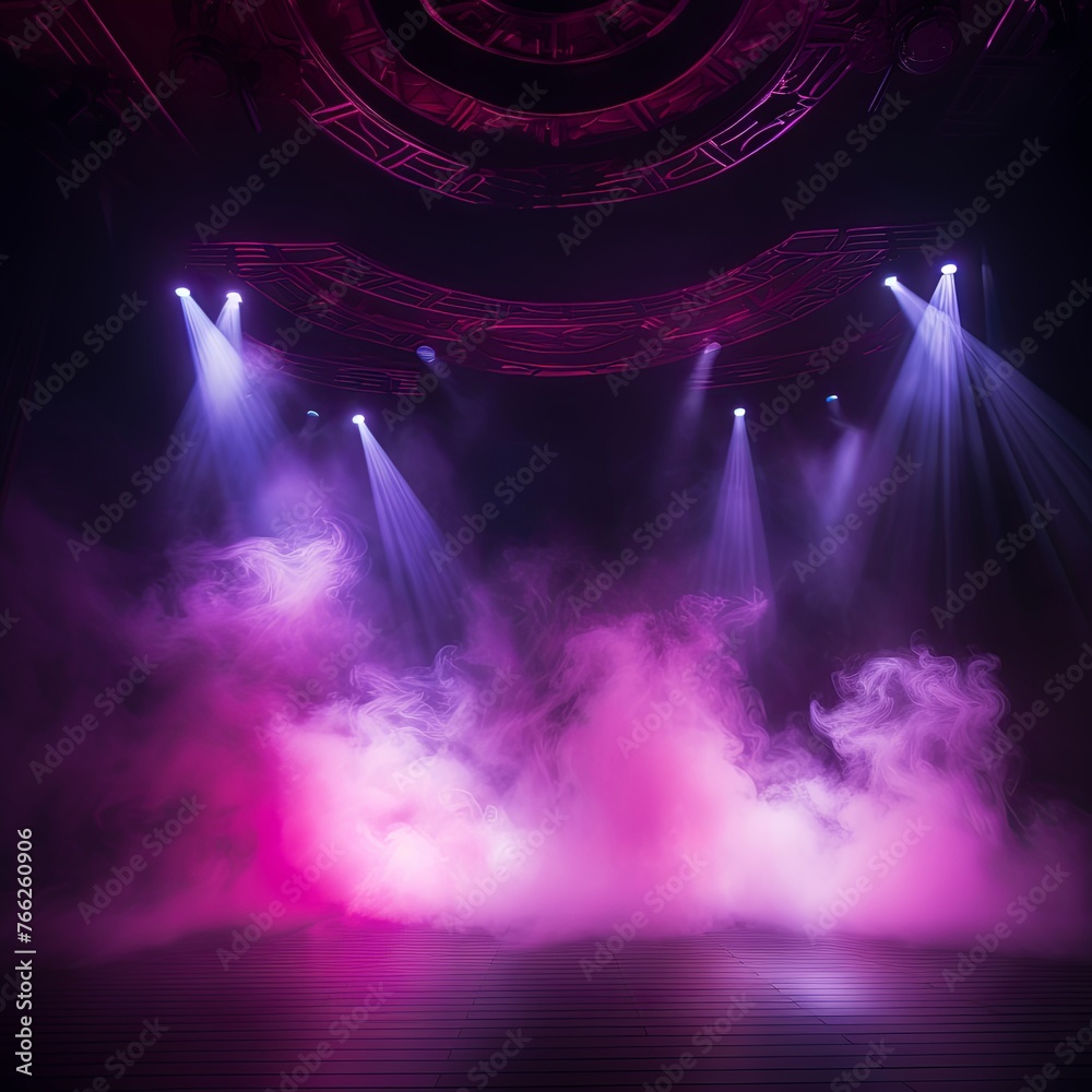 Smoky burgundy pink purple Light Shapes in the Dark,on the empty stage