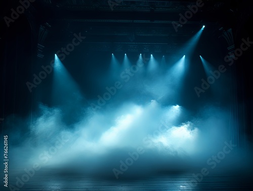 Smoky cyan Light Shapes in the Dark,on the empty stage 