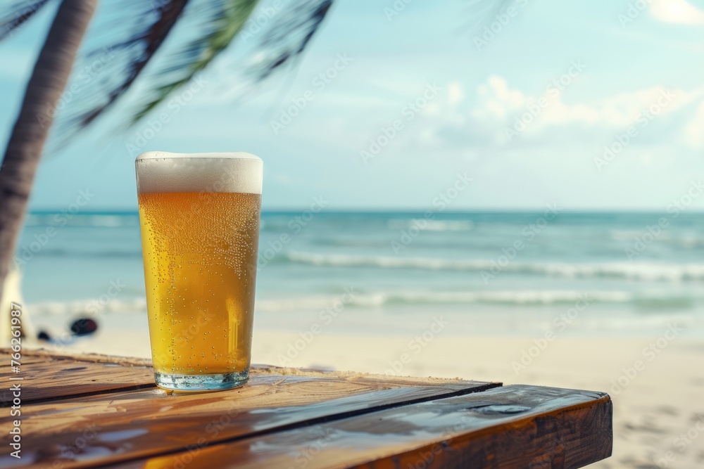 Tropical Escape: Beer Glass with Ocean View, A refreshing beer glass on a beachfront table with sea backdrop Tropical Escape: Beer Glass with Ocean View, A refreshing beer glass on a beachfront table with sea backdrop
