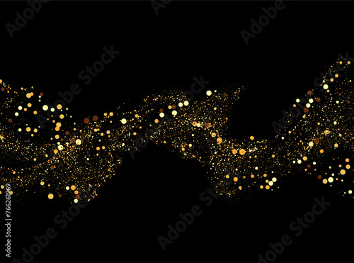 Sparkling stardust. Golden shiny magic vector waves with golden particles isolated on black background. A brilliant bright trail, a wave flow.