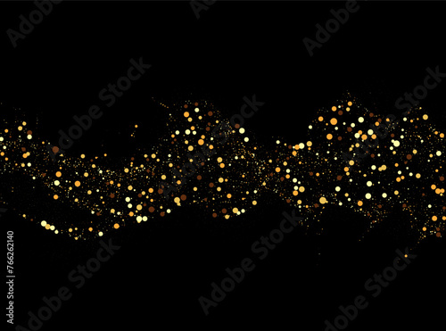 Sparkling stardust. Golden shiny magic vector waves with golden particles isolated on black background. A brilliant bright trail, a wave flow.