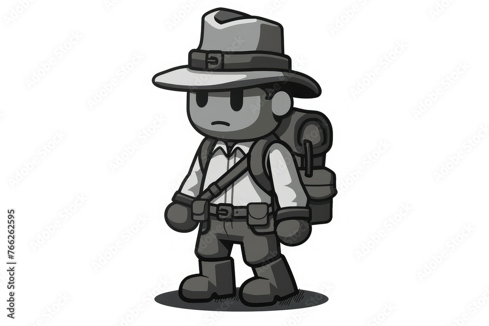 A 1-bit pixel art character in an adventurer hat and backpack, ready for exploration in a black and white graphic adventure game A 1-bit pixel art character in an adventurer hat and backpack, ready for exploration in a black and white graphic adventure game