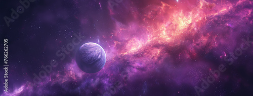 A planet amidst vibrant purple cosmic clouds illuminated by distant stars, showcasing the mesmerizing beauty of the universe.
