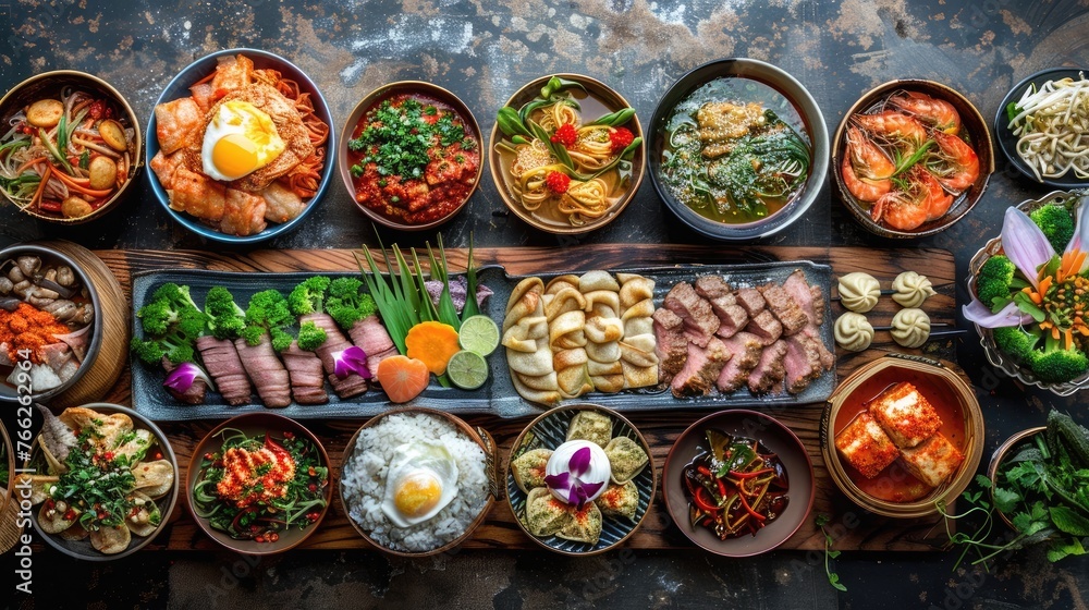 Assorted Korean Cuisine Dishes Served on Rustic Wooden Table