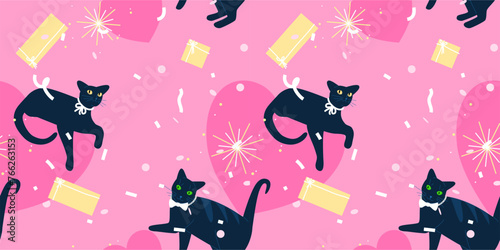 Love cats seamless pattern. Event celebration repeating texture. Funny black cats, presents, confetti and hearts vector illustration. Wrapping paper template. Valentine's day background.