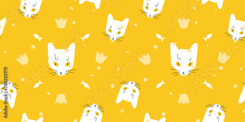Seamless cute cat prince pattern. Repeating texture with kitty head, confetti and crown. Adorable wrapping paper template. Birthday festive background.